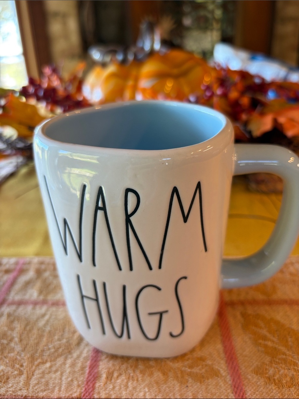 Rae Dunn 'WARM HUGS' Ceramic Mug — White Exterior with Light Blue Interior